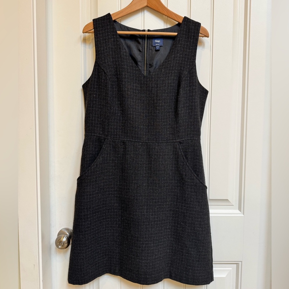 Gap Factory Wool Blend Dark Grey Metallic Check V Neck Sheath Dress. Size 12